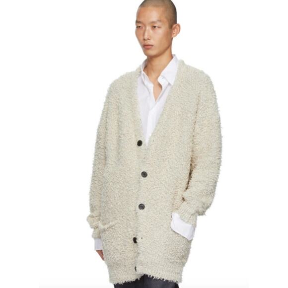 Loewe Men's Beige Yzzuf Cardigan Sweater Size XL Linen Wool Blend Shaggy Cream - Picture 16 of 16